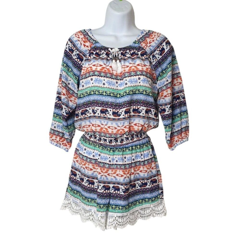 My Michelle Girls Romper Sz L Elephant Pattern Lace Trim Cottagecore Whimsy